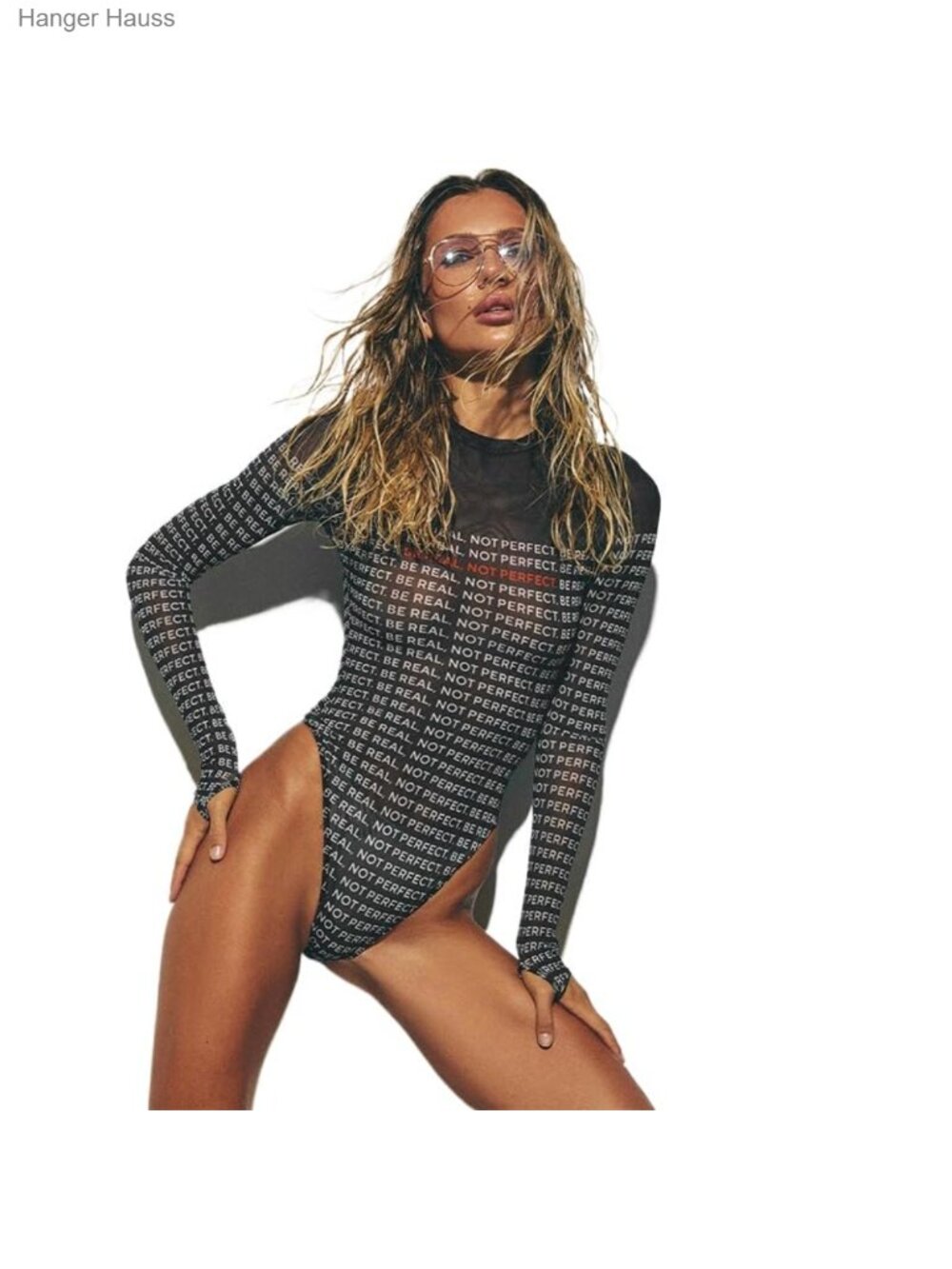 Women's Sheer Mesh Bodysuit Long Sleeve Letter Print Sexy Clubwear Top